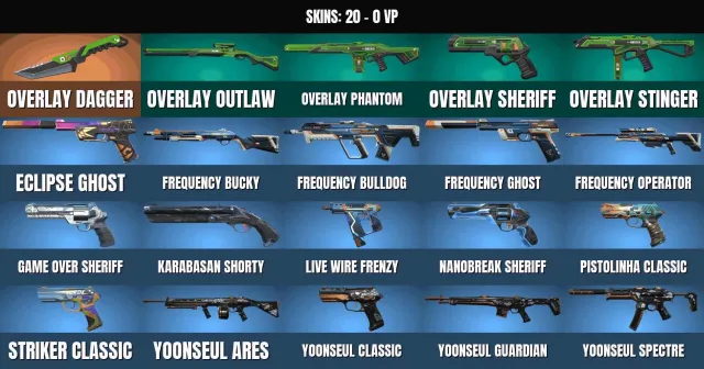 Gold 2 🎯 20 skins 👑 1 KNIFE👑Dagger "Overlay"👑Stinger "Overlay"👑Outlaw "Overlay"👑Phantom, Sale, Gold 2, Agents: 22, Skins: 20
