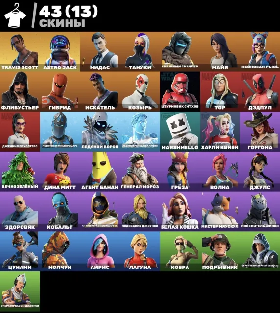 🔸 43 skins 🔸 Travis Scott🔸 Astrojack🔸 Take the elf🔸 Harley's Bat🔸 Native Mail🔸, Sale, skins 43