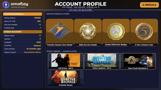 ⚡ CS2 PRIME ⚡ +4 RARE MEDALS: PREMIER S1 • 2012 • +2 GAMES • FULL ACCESS #3GHJ6P, Sale, Inventory empty, PRIME available