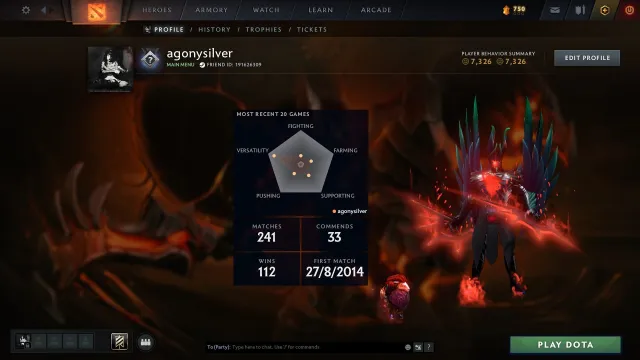 Rekrut | Arcana Terrorblade, Verkauf, 263 MMR, 7271 Ehrlichkeit, 241 Spiele, 241 Stunden