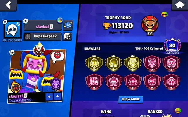 3-3 prime 114000 master in league, 114000 trophies, 106 brawlers, 80 primes