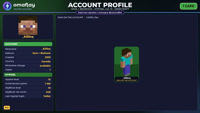 ⚡ MINECRAFT ⚡ JAVA + BEDROCK • 1 CLOAK: Pan • FULL ACCESS • NO BAN HYPIXEL (15 LVL) #4FBBC5, Sale, All account data