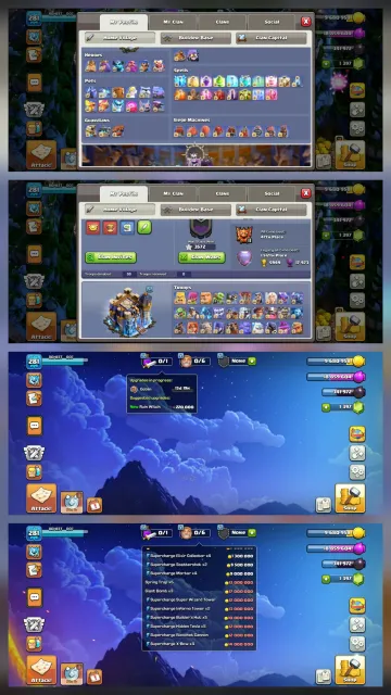 99% max➤Xp 281 ED 33➤7x Scenery➤Rare Statue➤50x Hero Skin➤16 Equipment Max, 18 TH Родной Деревни, 10 TH Строителя