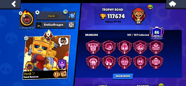Bought a lot of BP, see the photos, 117674 trophies, 107 brawlers, 86 primes