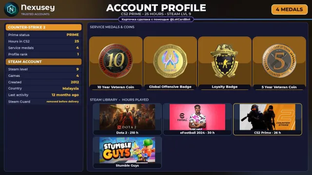 🚀 ⟦ CS2 PRIME ⟧ +4 RARE MEDALS: 10 YEARS · GO · LOYALTY · 5 YEARS ✦ 2012 ✦ FULL ACCESS ✨ #4CSD3M, Sale, Inventory empty, PRIME available