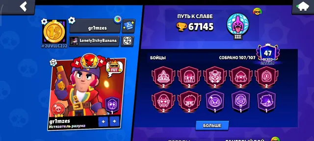 67k trophies 107 fighters 33 fighters at power 11, 67 trophies, 107 brawlers, 47 primes