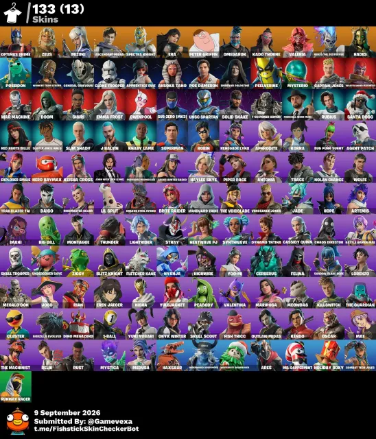 133 Skins | 1000 V-Bucks | Optimus Prime | Peter Griffin | Spectra Knight | Zeus | Accès Complet, Vente, skins 133