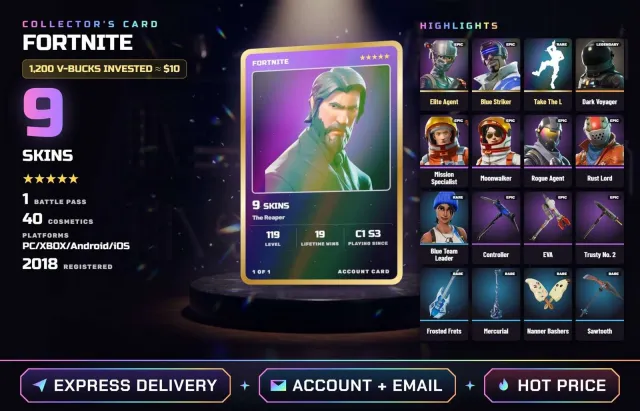 🦙 PC • XBOX • ANDROID • IOS ✦ LEVEL 119 • 9 SKINS ✦ Reaper, Elite Agent, Blue Fighter, Dark Voyager, Sale, skins 9