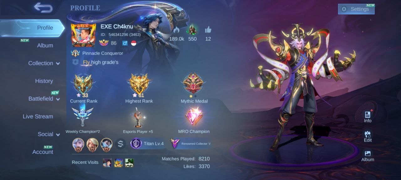 KOF Karina🌈collector Natalia🌈deluxe 20🌈EPIC⭐(YSS Harley valir Carmila Uranus Roger Hero)🌈emblem Max, Sale, Rank: Mythic, Level: 86, Winrate: 51%, Heroes: 132, Skins: 230