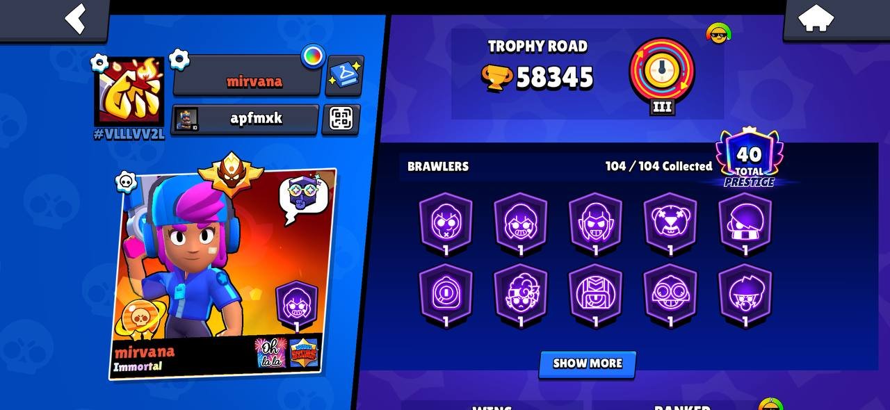 58.3 K 👑 🏆 | 54 11 💪 FORCES |🪐 STAR SHELLY AND 35 GRADE | 👑 MASTER|🎅471 SKIN|67 GTF👕🏅, trophies 58345, brawlers 104, primes 40
