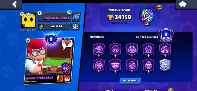 good main account, 34k trophies, 9 primes, 85 brawlers, 19 years old, 34159 trophies, 85 brawlers, 9 primes