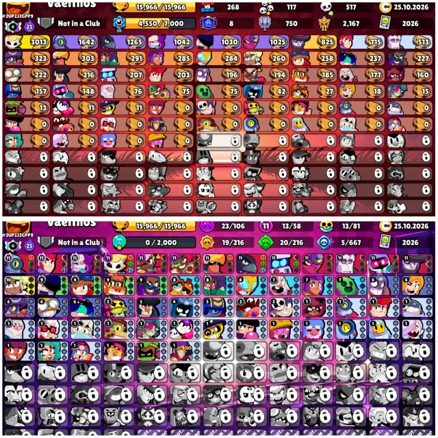 🎟️1 BP+🔱THIRD PRIME SIRIUS🌘TITLE "IN THE SHADOW"🪬EMPTY🎭73 SKINS🏆15.9k⚔️13-11LVL👤58/107🦖2026, 15966 trophies, 58 brawlers, 8 primes