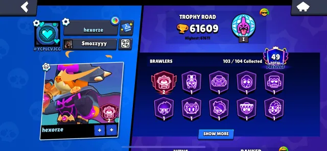 account brawl stars, trophies 61609, brawlers 103, primes 49