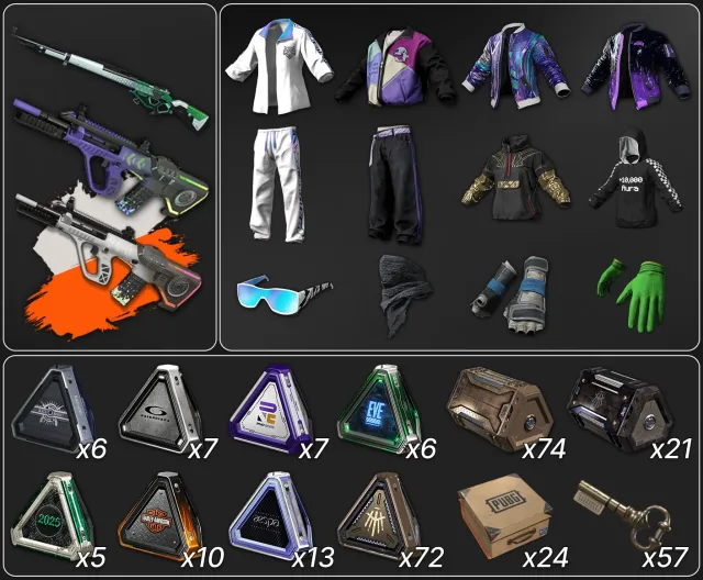 💖[PROGRESSIVE] NEON DREAM AUG + WHITE CHROMA + COSMIC CALIBER KAR98K💖🔥245 CHESTS🔥🎀MANY SETS🎀, No BATTLEGROUNDS Plus