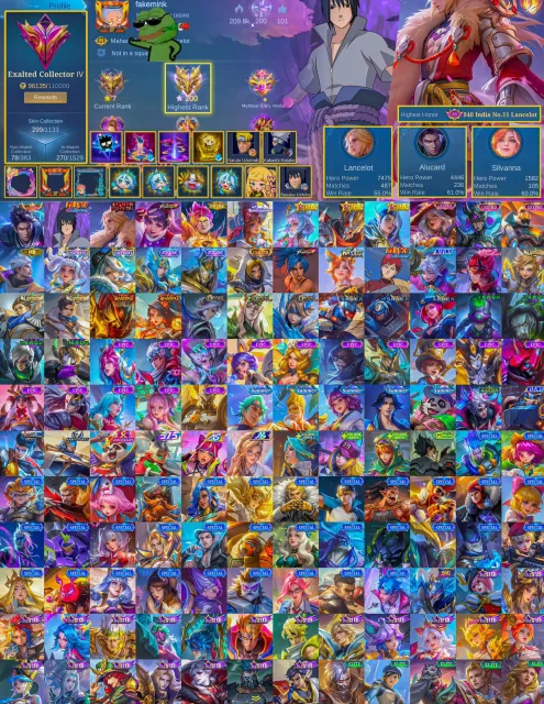 ⭐ 200 Stars ⚔️ Alucard Legend 🍥 Suyou Sasuke 🌹 Lancelot Kishin 👑 Guinevere KOF ✨ Claude Prime, Продажа, Ранг: Мифический Бессмертный, Уровень: 72, Процент побед: 70%, Герои: 133, Облики: 299
