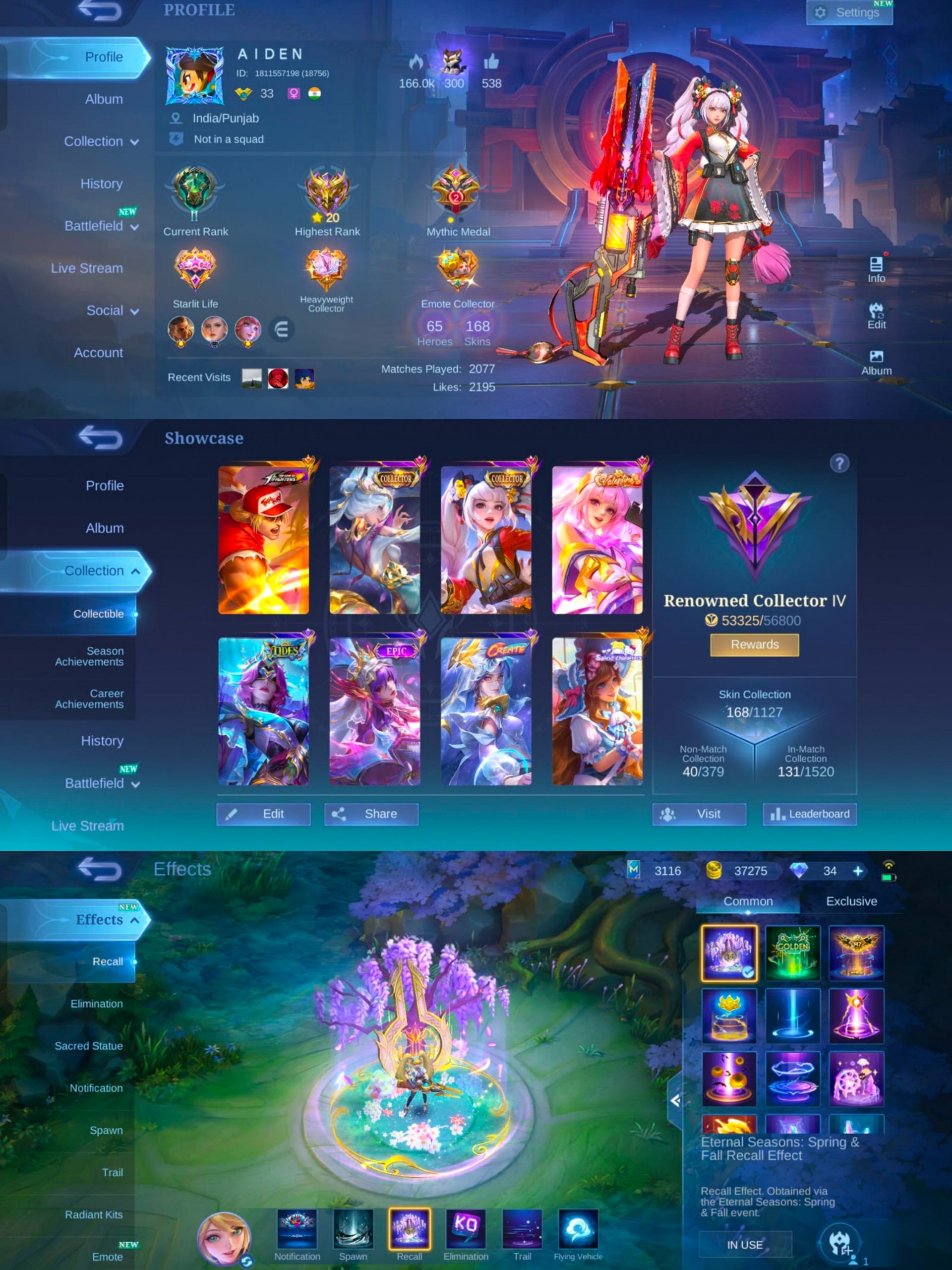 🔥 Collector Leila, Collector Alice, Kof Paquito, Epic Mage Skins, Sale, Rank: Mythic, Level: 33, Winrate: 56%, Heroes: 65, Skins: 168
