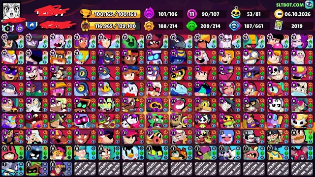Аккаунт Brawl Stars | 100 100+ кубков | Все бойці | Full Meta, 100165 кубків, 107 бравлерів, 78 праймов