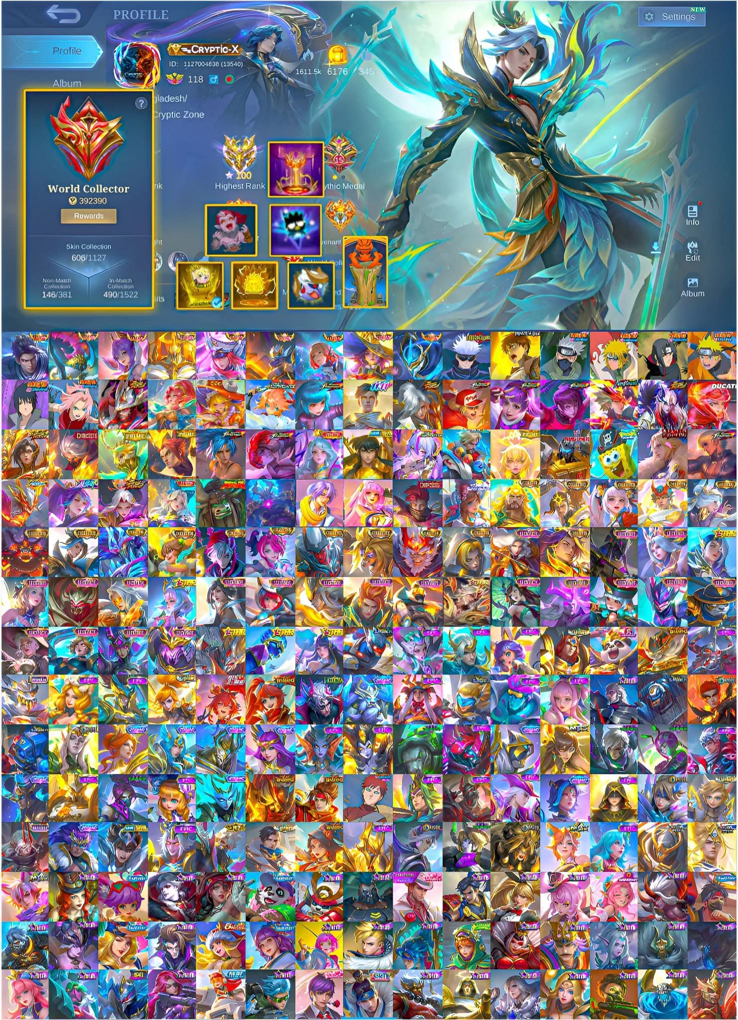 🔥World Collector🔥 392K points, 9 Legend, 43 Grand, 49 Exquisite, Sale, Rank: Mythical Immortal, Level: 148, Winrate: 50%, Heroes: 133, Skins: 606