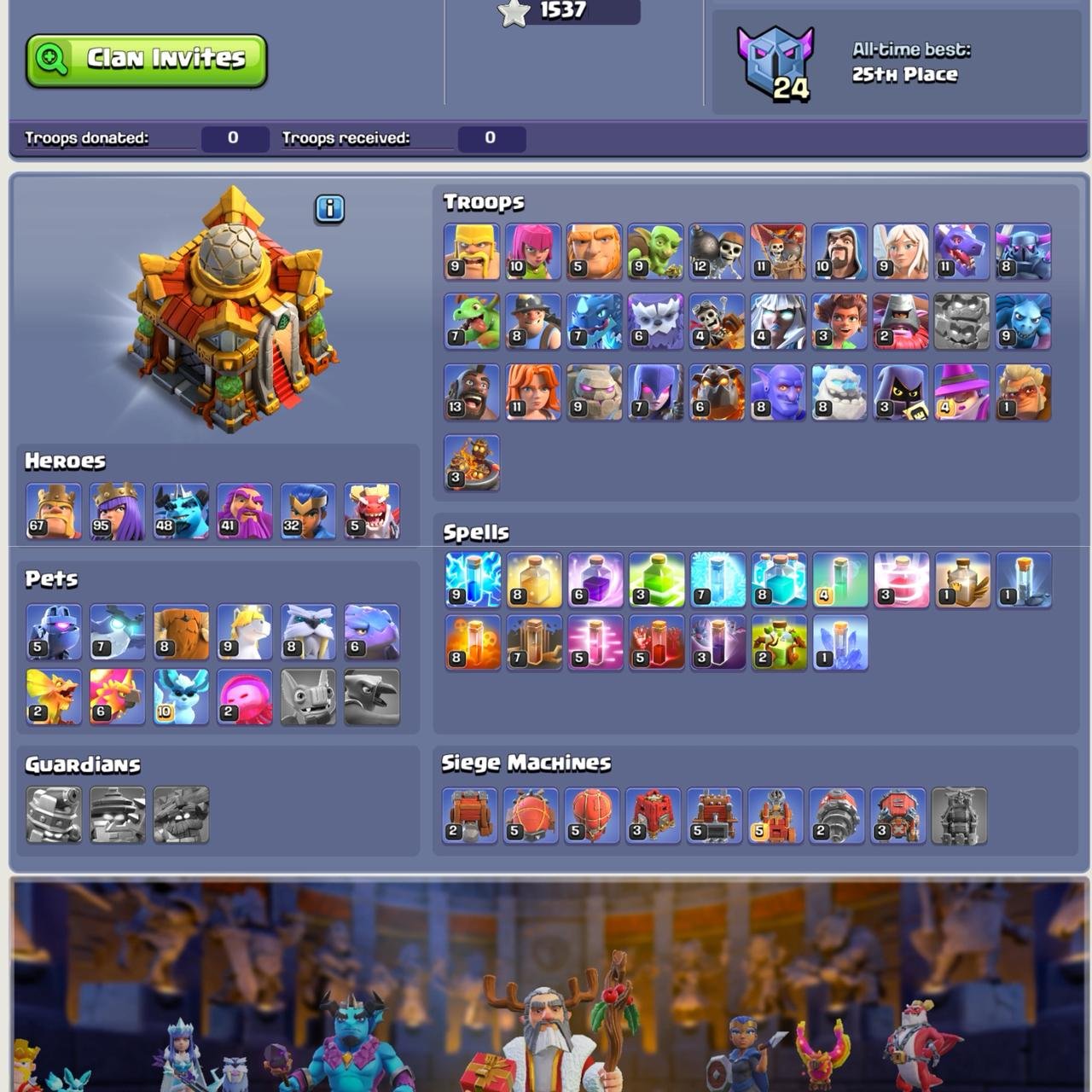 TH 16 Full Max ✧ 67-95-48-41-32-5 ✧ 10× Epic (3× Level 27) ✧ 332 CWL Medals ✧ Painter Scenery, 16 TH Main Village, 1 TH Builder