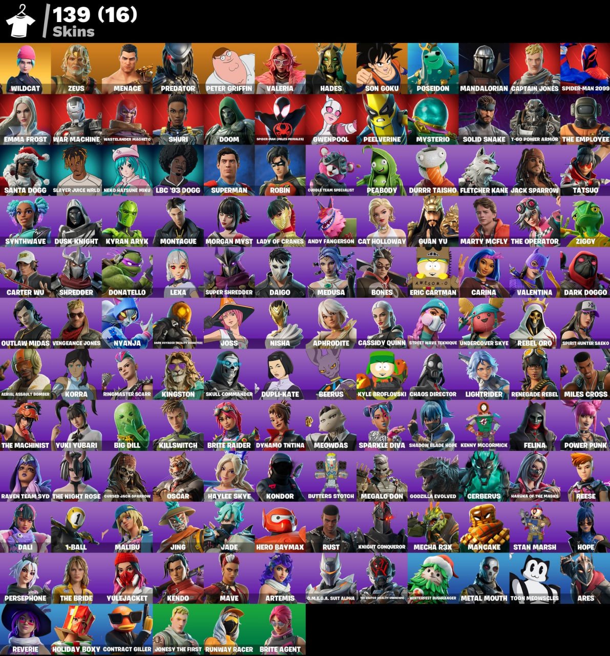 🎮 Level 2190 💰 100 V-bucks 👕 139 skins Wildcat | Zeus | Menace | Predator | Peter Griffin | Valeria, Sale, skins 139