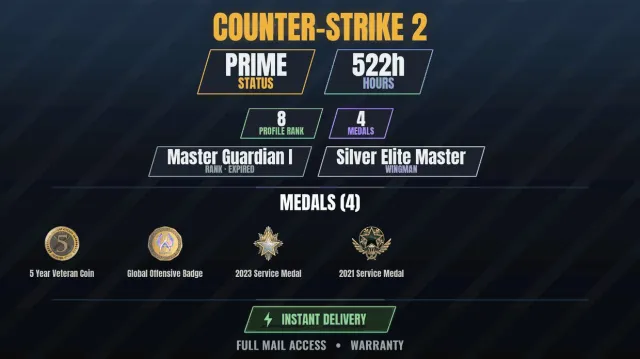 CS2 Prime🎯522h👑4 medals Medal for Service 2021, Medal for Service 2023, Veteran Coin 5, Sale, With inventory, Has PRIME