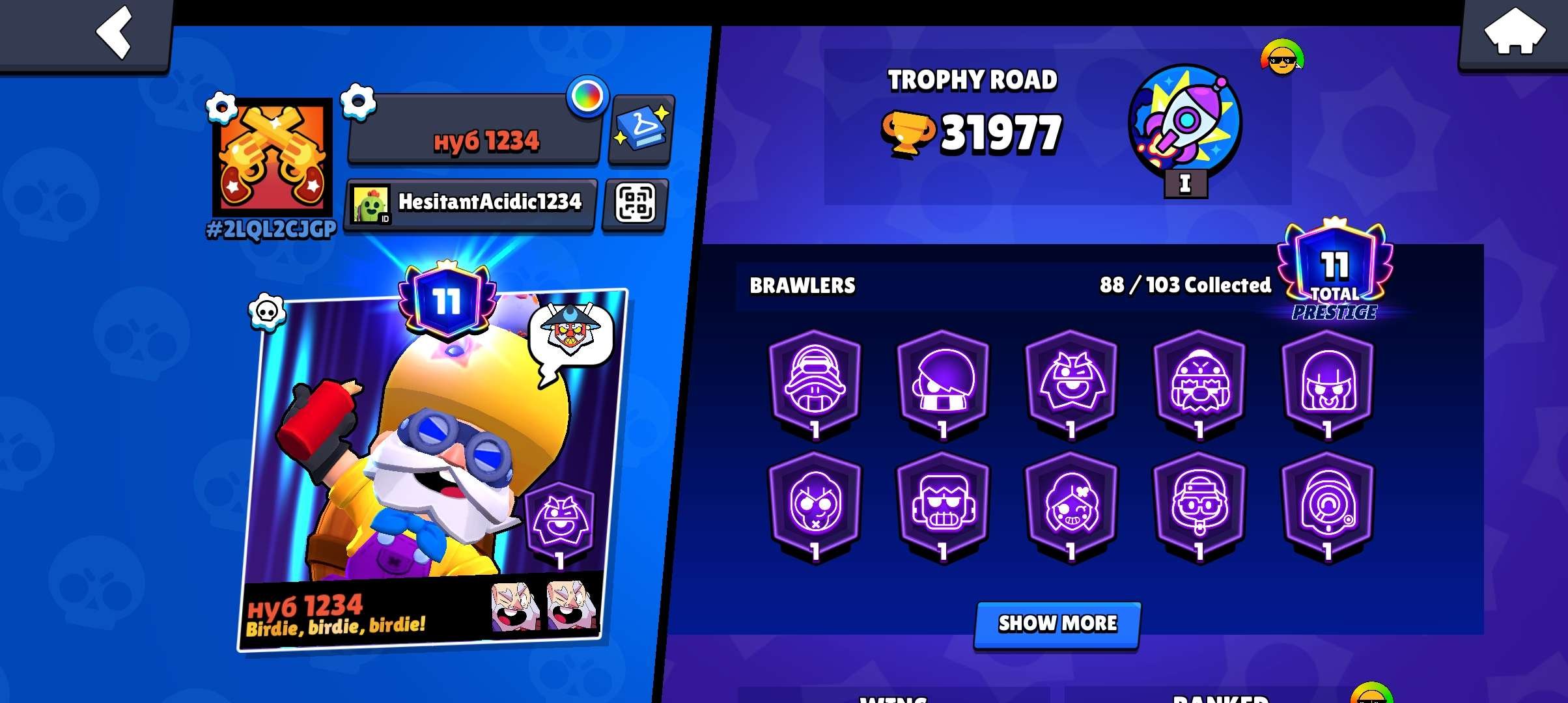 Fat Old Account 2020 11 Primes 88 Fighters 6 Legion 1 Chromic, trophies 31977, brawlers 88, primes 11