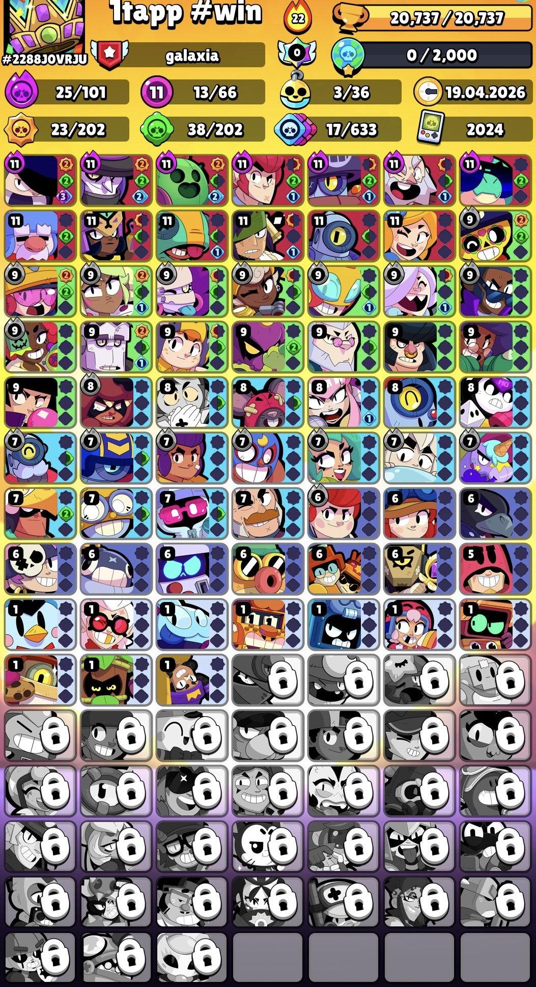 🚀🎯AUTO-ISSUE🔴20700🏆66/100🔑6 MYTHIC SKINS🏆13-11 STR🌈4 LEGI🎯EL SPONGE🔴GODZILLA BUZZ🔴MONARCH RICO🔑, trophies 20700, brawlers 66, primes 3