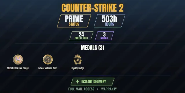 CS2 Prime👑503h✨3 medals | Loyalty Badge, 5 Year Veteran Coin, Global Offensive Badge, For Sale, With Inventory, Has PRIME