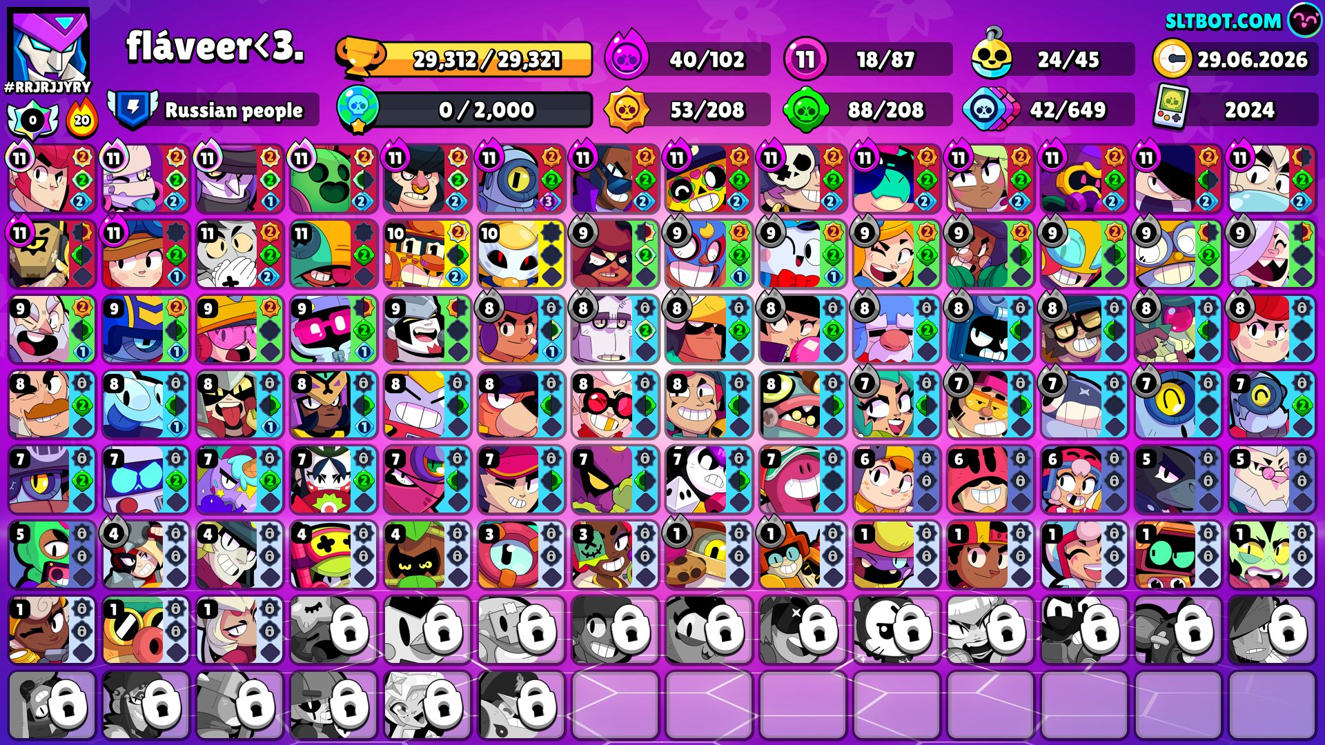 ❤️autoissue【skins for 20,400 gems💎】☄️【40 hypers】🔱【18 11x strength】+ ❰screenshots in the desc❱❤️, trophies 29312, brawlers 87, primes 16