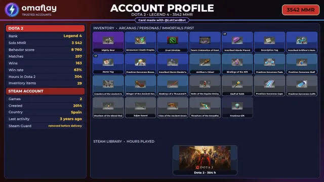 ⚡ DOTA 2 ⚡ LÉGENDE 4 · 3542 MMR (CALIBRATION) • 8760 POLITESSE • ACCÈS COMPLET #48MHP3, Vente, 3542 MMR, 8760 politesse, 8760 courtoisie, 257 matchs