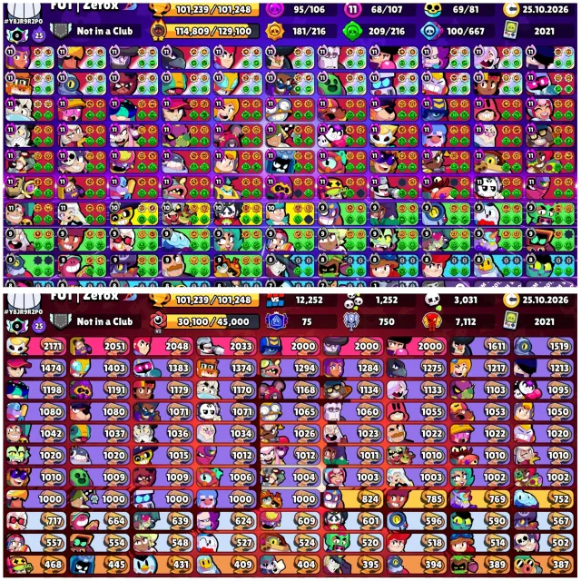 🎟️4 Brawl Pass+☄️Meteorite II🎫Pro Pass🧷Bad Buzz🔋Almost Full Account🎭386 Skins🏆101.2k⚔️68-11LVL👤107/107🦖2021, 101000 trophies, 107 brawlers, 75 primes