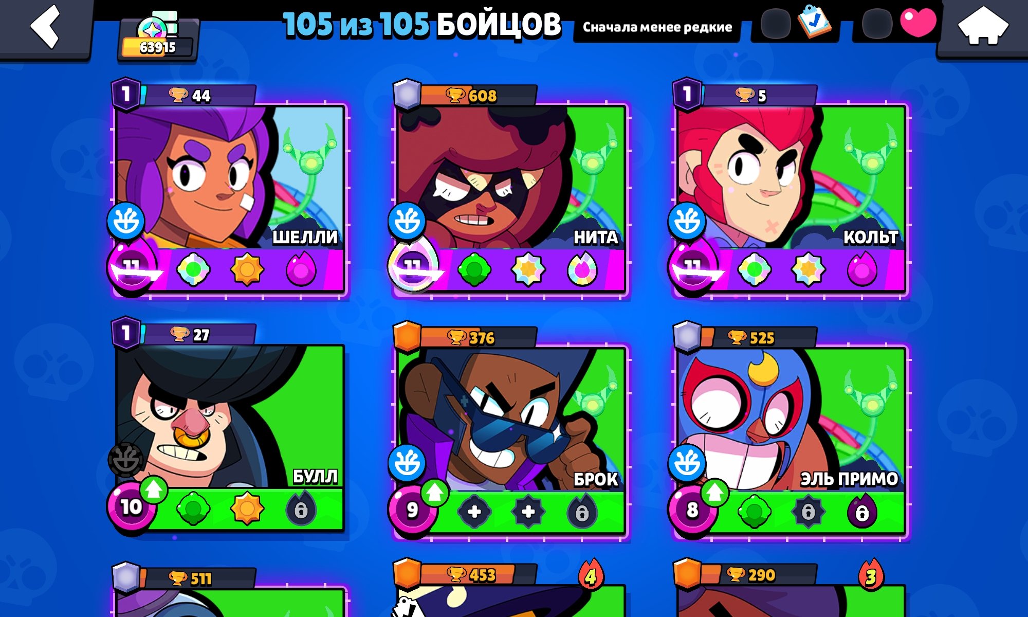 Awesome Brawl stars account: includes all Brawlers and around 368 skins across all characters., trophies 63915, brawlers 105, primes 27