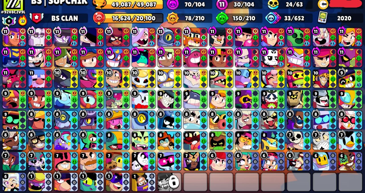 😍𝑆𝐴𝐿𝐸💎🏆𝟒𝟗𝟎𝟖𝟕 cups🏆🥊𝟏𝟎𝟒/𝟏𝟎𝟒 brawlers🥊🌈𝟐𝟖𝟎 skins ≈𝟐𝟕K gems🔥✅𝟑𝟎 x11 POWER✅, trophies 49087, brawlers 104, primes 20