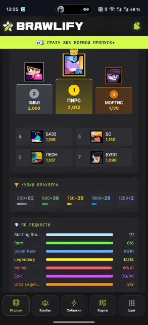 Acaididv, trophies 53198, brawlers 105, primes 30
