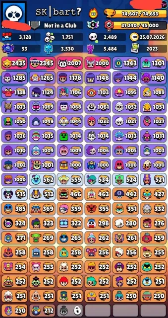 🎅📌74,600🏆🌟104/104👤77 HYPER🪳35 11 POWER🪙350 SKINS~35K GEMS🎎51 TITLES💮32 BUFFS❇️🔰〔4 PRIME LEVELS〕, trophies 74600, brawlers 104, primes 53