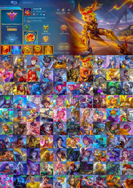 🥊 Karina KOF 🌟 Hayabusa Golden Star 🤖 Roger Transformer 🏆 Joy Champion 👑 Kadita MPL, Продажа, Ранг: Мифический Бессмертный, Уровень: 77, Процент побед: 55%, Герои: 118, Облики: 245