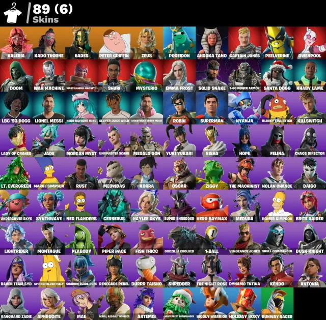 👕 89 Skins 🎮 2129 Level 💰 50 V-Bucks 💰 Valeria | Kado Thorne | Hades | Peter Griffin | Zeus |, Verkauf, Skins 89