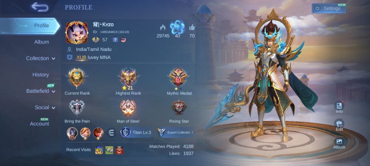 KOF aurora Karina>30 deluxe>Epic Harley Epic Moskov Epic Uranus Epic Terizla Gaara Vale, Sale, Rank: Mythic, Level: 57, Winrate: 50%, Heroes: 95, Skins: 185