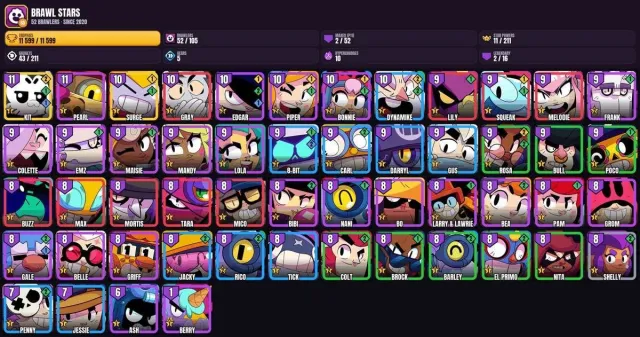 52 brawlers ✨ 65 level 🏆 2 maxed 🎮 ✨ 11.6K trophies✨Kit✨Volt✨Edgar✨8-BIT✨Piper✨Jacky✨Rico✨Bibi, 11599 trophies, 52 brawlers