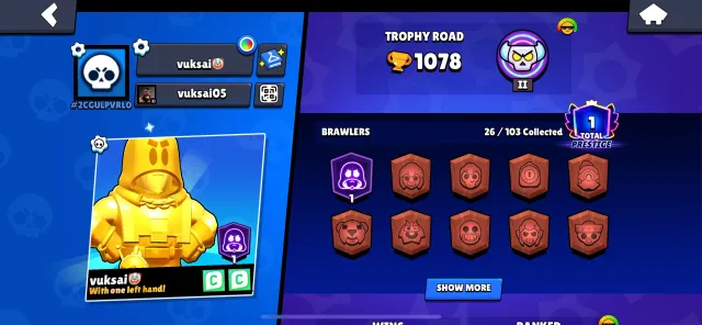 Hejeiskoeowosoosddhwjskododosoososoosodjdjdjsnnss, trophies 1078, brawlers 26, primes 1