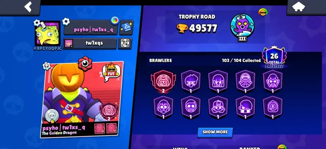 Braw stard account with rare skins and many others, trophies 49577, brawlers 103, primes 26