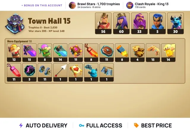 (Android/iOS) 💎 CoC TH15 💎 395 war stars 💎 BK 56 + AQ 60 + GW 33 + RC 5 + MP 30, 15 TH Native Village