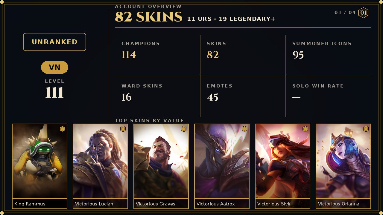 🌸82 skins + 114 champions🎀7436 BE🎀King Rammus🎀Victorious Graves🎀Victorious Orianna🎀Victorious Lucian, Sale, champions 114, skins 82, Unranked
