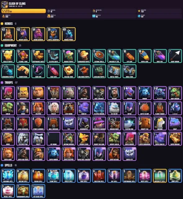 15 TH 🏆 3700+ trophies 🎮 9 BH 💠 255 hero levels 💎 242 troop levels, 15 TH Native Village