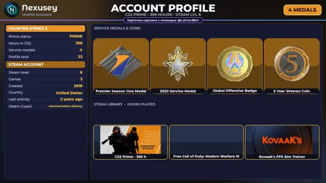 🚀 ⟦ CS2 PRIME ⟧ +4 RARE MEDALS: PREMIER S1 ✦ 2019 ✦ +2 GAMES ✦ FULL ACCESS ✨ #4EZUXF, Sale, Inventory empty, PRIME available