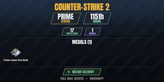 【1 game】【CS2 Prime✨1100h】 Premier Medal, season 3, Sale, Inventory empty, Has PRIME