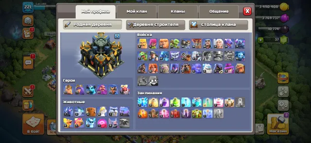 ЛИЧНЫЙ🌳221LVL🌳17 ТХ🌳6 РАБОВ🌳7 ЭП СНАР + 10 СКИНОВ🌳ГЕРОИ 59/81/42/43/29/7🌳СКРИНЫ🌳, 17 TH Main Village, 10 TH Builder
