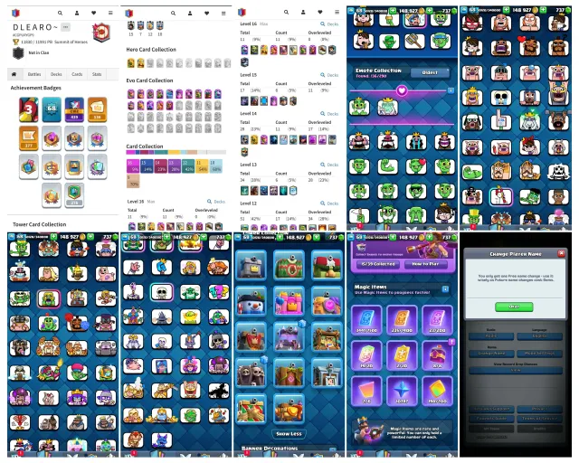 11.8k trophies • 68 level • 15 evolution • 11 Max • 17 elite • 28 lvl14 • 136 emotes • 2 heros, 1 арена, 68 уровень, 11800 кубков, 24 карт, 11 лег, Есть