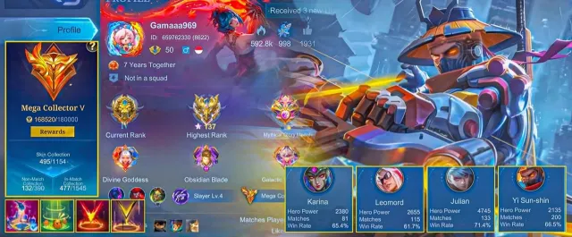 MEGA COLLECTOR ALUCARD LEGEND LUNOX LEGEND FREYA LEGEND GUSION K, Продажа, Ранг: Мифический Бессмертный, Уровень: 50, Процент побед: 60%, Герои: 133, Облики: 495