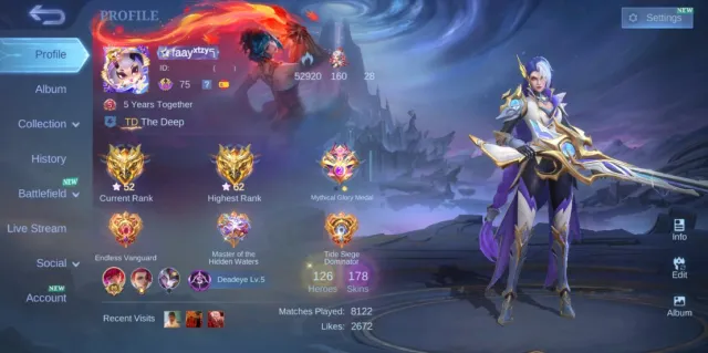 ✅ EMBLEM MAX ⚜️ LUCKYBOX ODETTE ✨ ANNUAL STAR LESLEY ♌ ZODIAC BADANG 🔥 EPIC RECALL FIRE CROWN, Продажа, Ранг: Эпик, Уровень: 75, Процент побед: 48%, Герои: 126, Облики: 178